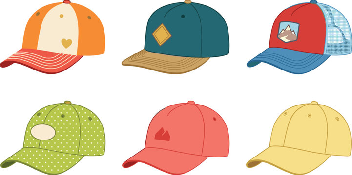 Trendy Baseball Cap and Trucker Hat Vector Collection with Colorful Headwear Mockups for Fashion and Outdoor Designs