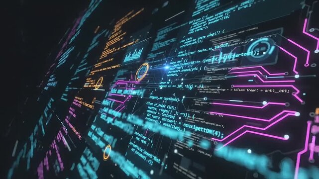 Glowing green computer code scrolling on dark background
