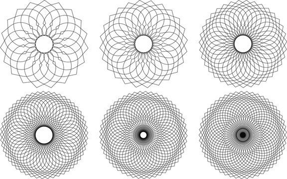 Geometric spirograph mandala set, 6 black line art circular ornaments. Minimalist sacred geometry vector icons for logo design and patterns.