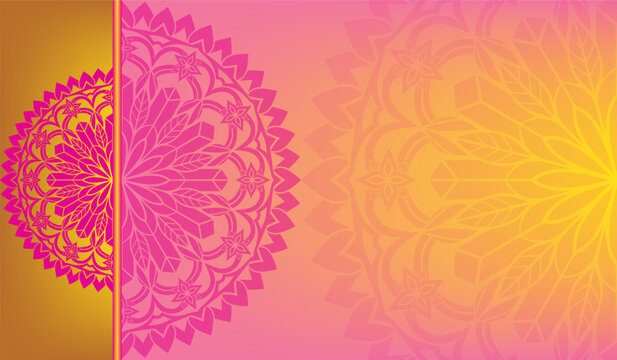Mandala background with pink and gold gradients, ornamental floral pattern vector, luxury ethnic invitation template
