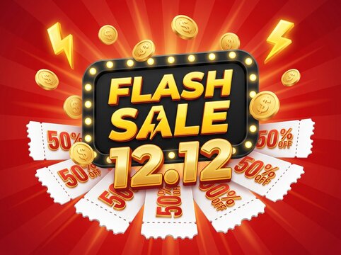 Flash sale 12.12 promotional banner with golden text, glowing marquee light bulbs, floating gold coins and fifty percent off discount coupons on a bright red background