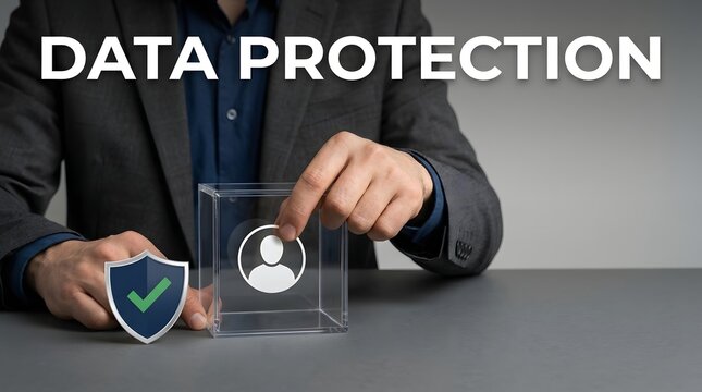 Businessman holding a digital shield icon representing data protection and personal information security concept