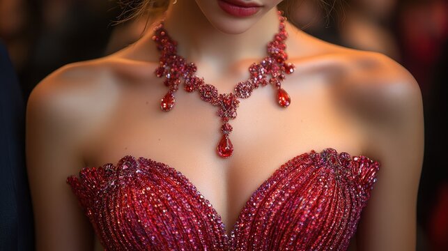 Elegant woman wearing a luxury red gemstone necklace and a sparkling evening gown.