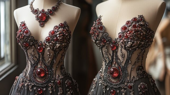 Two luxury evening gowns with red gemstone embellishments on mannequins in a studio.
