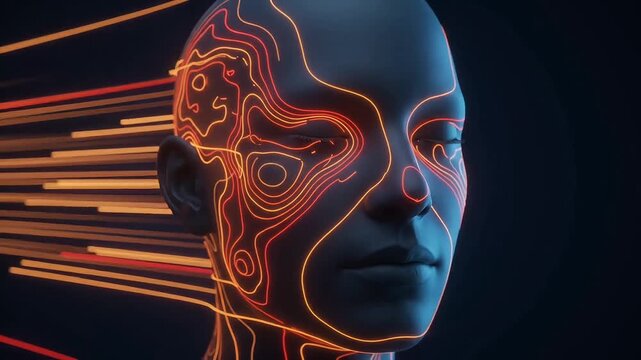 Glowing blue digital human head wireframe rotating on dark background