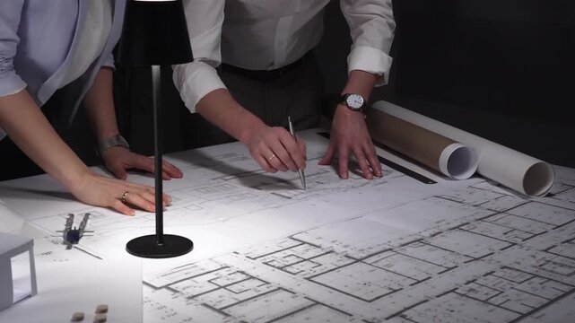 Architects and engineers collaborating on blueprint plans, working together on an architecture project layout design late at night.