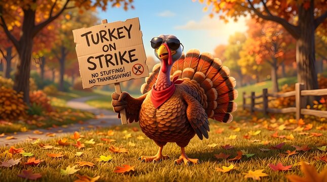 A whimsical and humorous illustration depicts a defiant turkey on strike protesting its fate on thanksgiving day amid vibrant autumn foliage and a festive