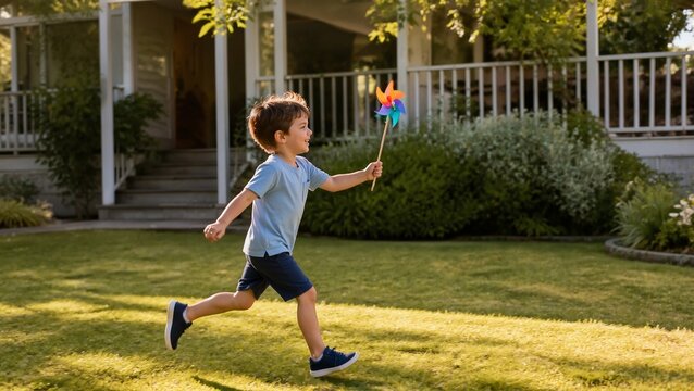 Boy joyfully running with a pinwheel in a sunny garden