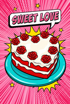 Heart_Shaped_Cake_On_Plate
Pop-art poster Valentine's Day
Heart-shaped cake with roses and pop art style background  
