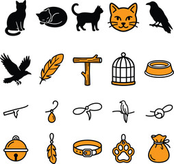 Naklejka premium Cat and bird pet icons set in black and orange line art