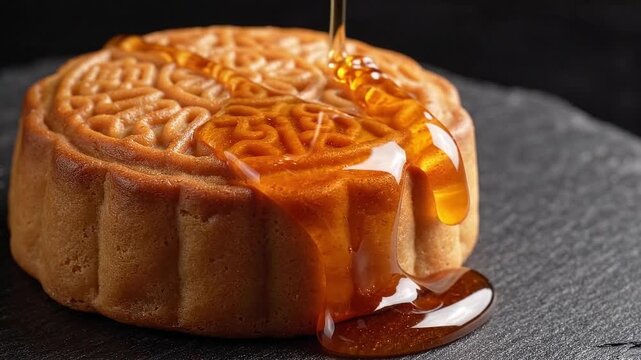 Sweet Honey Syrup Dripping onto Traditional Chinese Mooncake Close Up