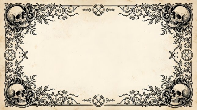 Gothic frame border with skulls vintage floral ornament copy space