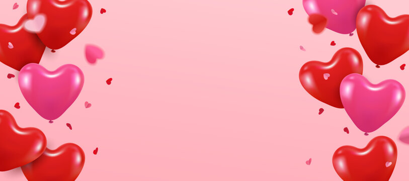 Valentine's day vector banner with realistic red and pink heart shaped balloons, falling confetti and copy space