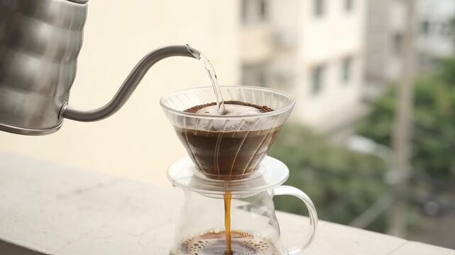 Pouring water into coffee grounds for brewing