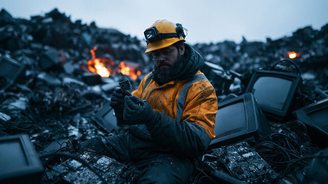 Worker Inspecting Circuit Board at Electronic Waste Dump