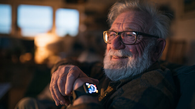 Senior Man Smiling While Wearing Smartwatch at Home