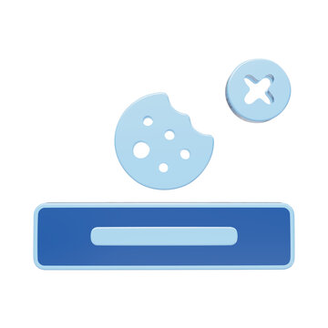 A 3D rendered blue cookie icon paired with a small circular close button, representing web browser privacy settings, data tracking, or cookie consent, isolated on a white background