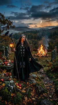 Celtic priestess celebrating Samhain pagan festival at dusk, holding wooden staff with lantern near ceremonial bonfire, stone altar surrounded by autumn foliage in mountain landscape.