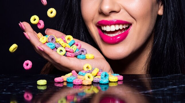 Smiling Woman with Colorful Breakfast Cereal Loops