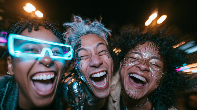 Diverse Friends in Futuristic Cyberpunk Outfits Laughing at Night