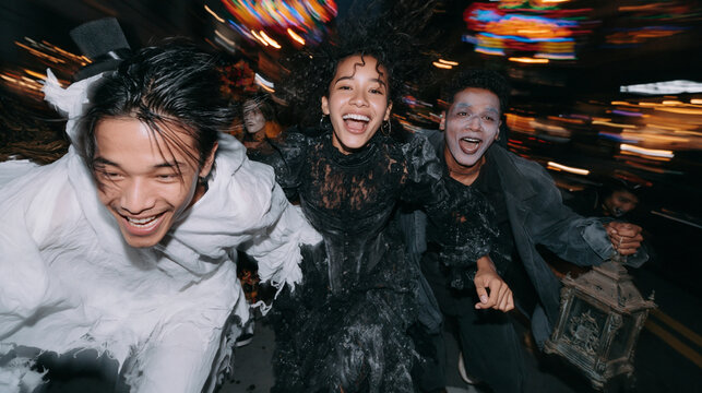 Excited Friends in Spooky Costumes Running at Halloween Night