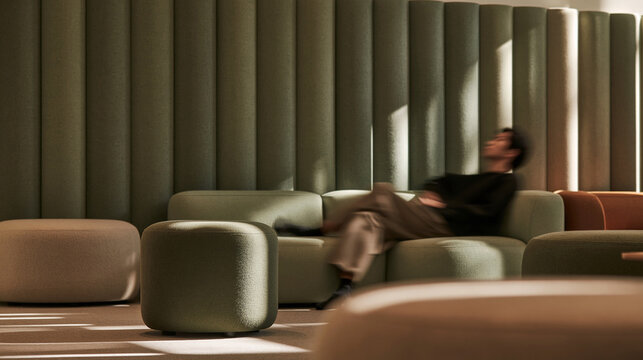Modern Lounge Interior with Modular Sofa and Acoustic Wall