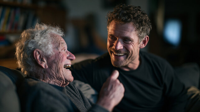 Senior Father and Adult Son Laughing Together at Home