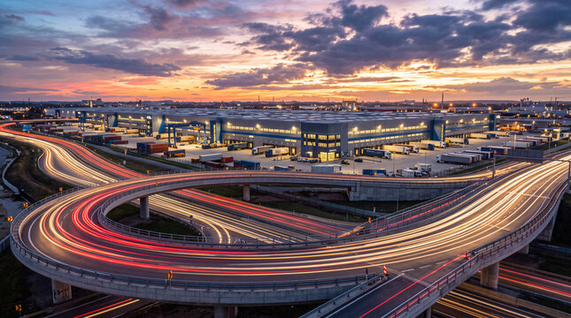 Logistics Center and Highway Interchange with Light Trails at Sunset