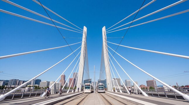 Modern Cable Stayed Transit Bridge with Light Rail Trains