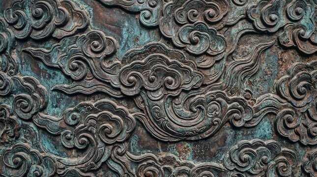 Traditional Asian Cloud Pattern Carved on Antique Bronze Surface