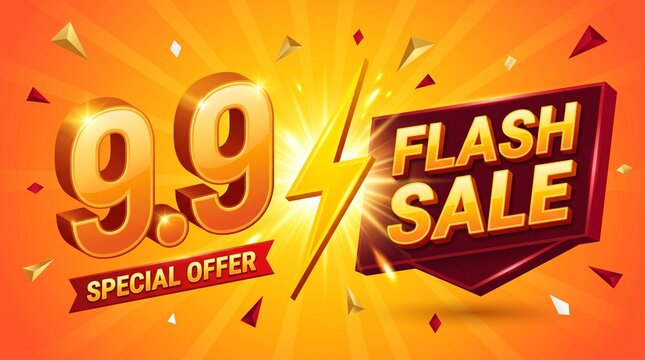 Bright 9.9 flash sale shopping event banner with golden text special offer and lightning bolt symbol on an orange background