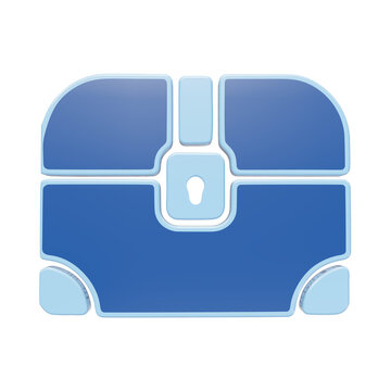 A 3D rendered treasure chest icon with a central lock, colored in shades of blue and light blue, isolated on a black background, for gaming or storage