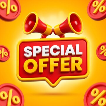 Special offer banner with red megaphones and discount percent signs on a bright orange background for marketing and retail sales promotion
