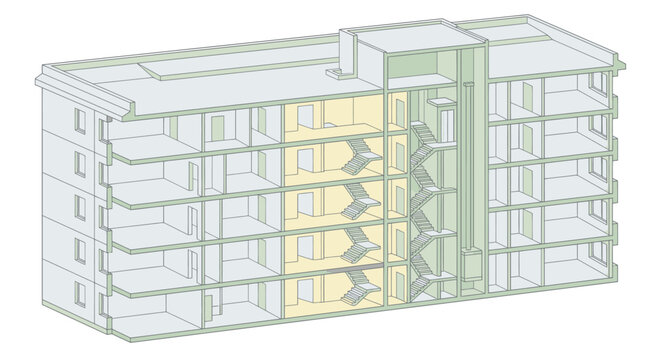 Architectural Building Section with Highlighted Floors.
