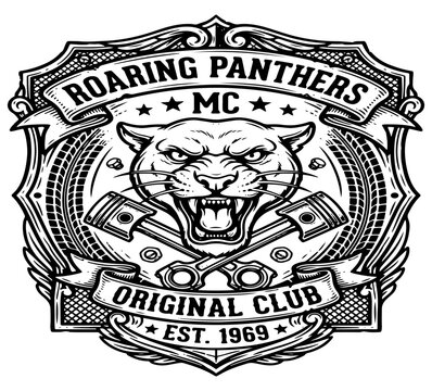 Black and white vintage motorcycle club logo emblem featuring a roaring panther head with crossed pistons inside a decorative shield banner emblem design graphic vector biker badge custom bike