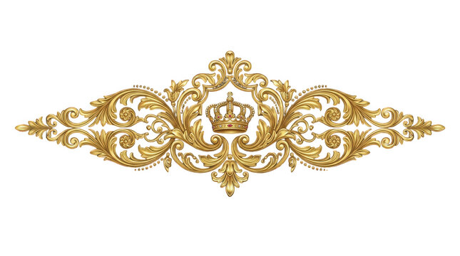 An ornate golden royal crown emblem with intricate filigree scrollwork decorative elements presented as an isolated on transparent background