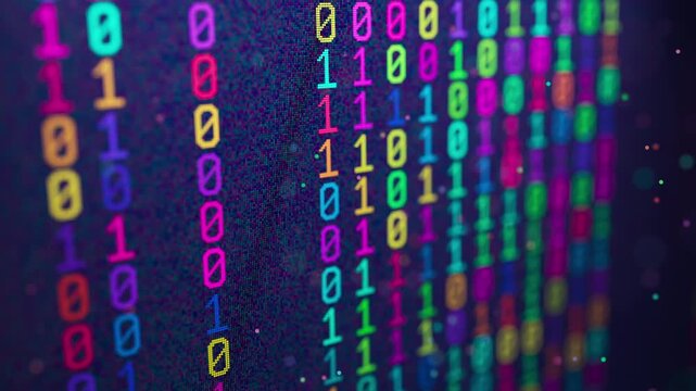 Looped 3D animation of vibrant multicolor binary numbers with neon glow, blurred depth and floating particles. Abstract technology background for programming, data and networks.