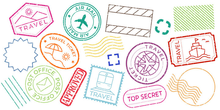 PNG Colorful travel-themed stamp designs , set on transparent background
