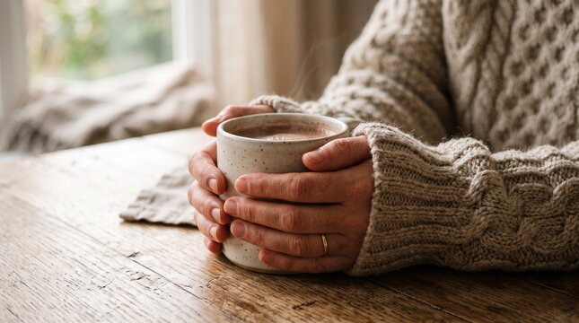 Person in cozy sweater holding a warm mug of coffee or tea at a wooden table