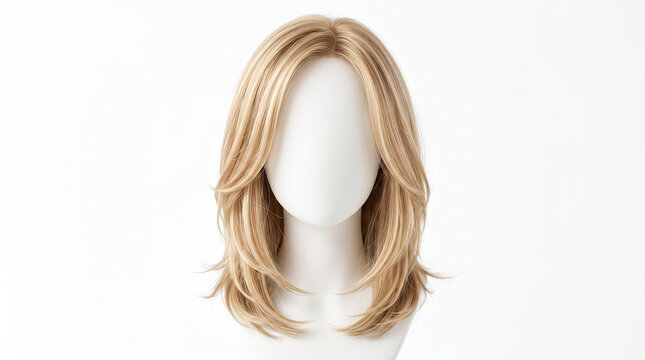 Photorealistic shoulder-length blonde human-hair wig displayed on a minimal white mannequin head, soft layered strands, natural highlights, realistic hair density and silky texture