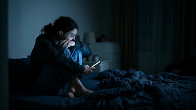 Sad woman sitting on bed at night looking at phone. Heartbroken girl feeling lonely and depressed due to betrayal. Conflict in marriage and relationship crisis.