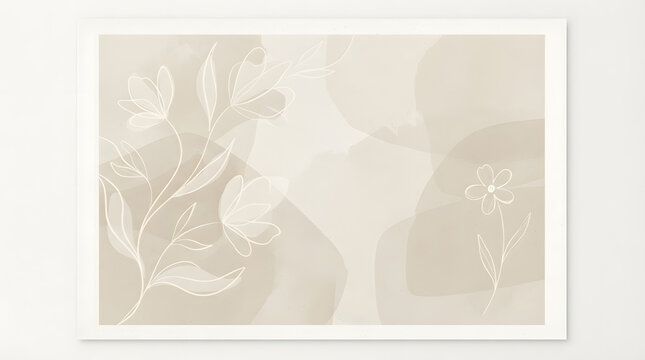Abstract minimalist background with soft beige watercolor shapes and delicate white line art floral botanical elements