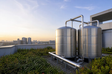 Fototapeta premium Rooftop Water Storage Tanks on Modern Urban Building