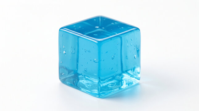 Ultra-realistic translucent bright-blue gelatin dessert cube, smooth glossy surface, subtle internal bubbles, realistic light refraction and soft wobbling texture