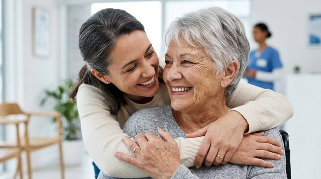 Caring daughter hugs smiling elderly mother in assisted living facility