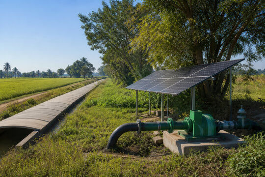 Solar Irrigation Pump Beside Agricultural Canal
