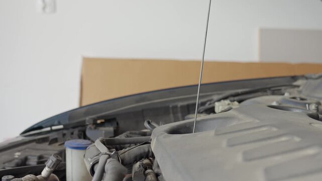Hand using dipstick to check engine oil level under open car hood. Routine vehicle maintenance and regular car care