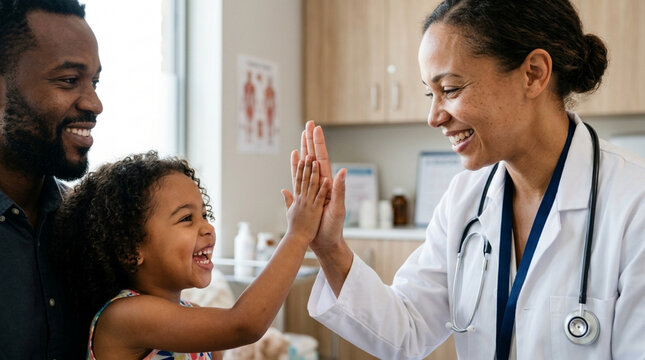Doctor and Child High-Five, Father Smiling at Healthcare Visit