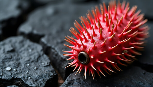 Vibrant Red Spiky Sphere Dark Textured Background