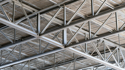 Naklejka premium Industrial steel roof structure framework with metal beams and trusses in modern warehouse building construction project interior view